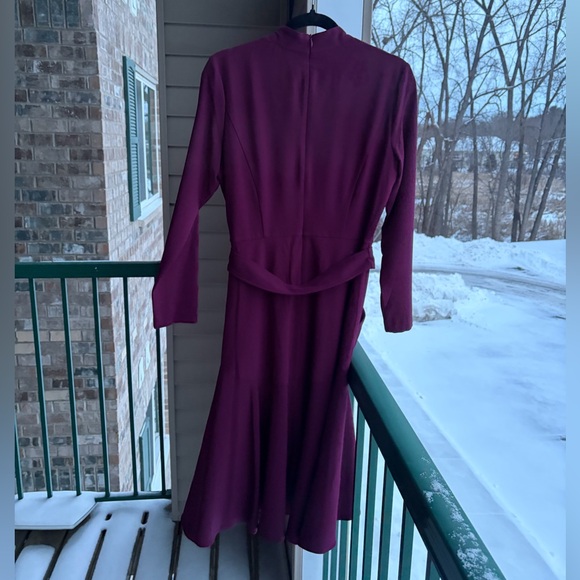 🆕 Taylor Burgundy Belted Long Sleeve V-Neck Fit & Flare Dress Size 8 Midi Hi-Low - Picture 5 of 16